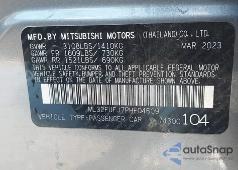 2023 Mitsubishi Mirage G4 Black Edition/Es/Le z USA, uszkodzony, nr VIN ML32FUFJ7PHF04609